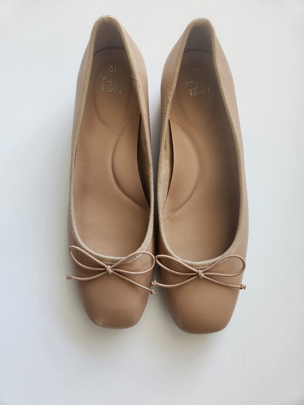Time And Tru Beige Ballet Flats Bow Accent Square Toe Women's Size 10